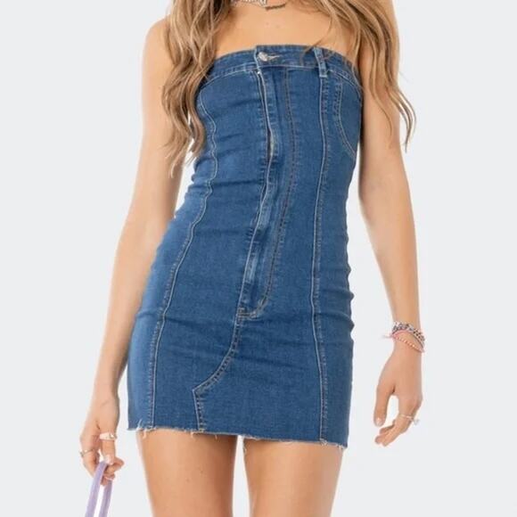 Edikted Strapless Ebony Bodycon Denim Mini Dress Blue Small - Picture 1 of 8